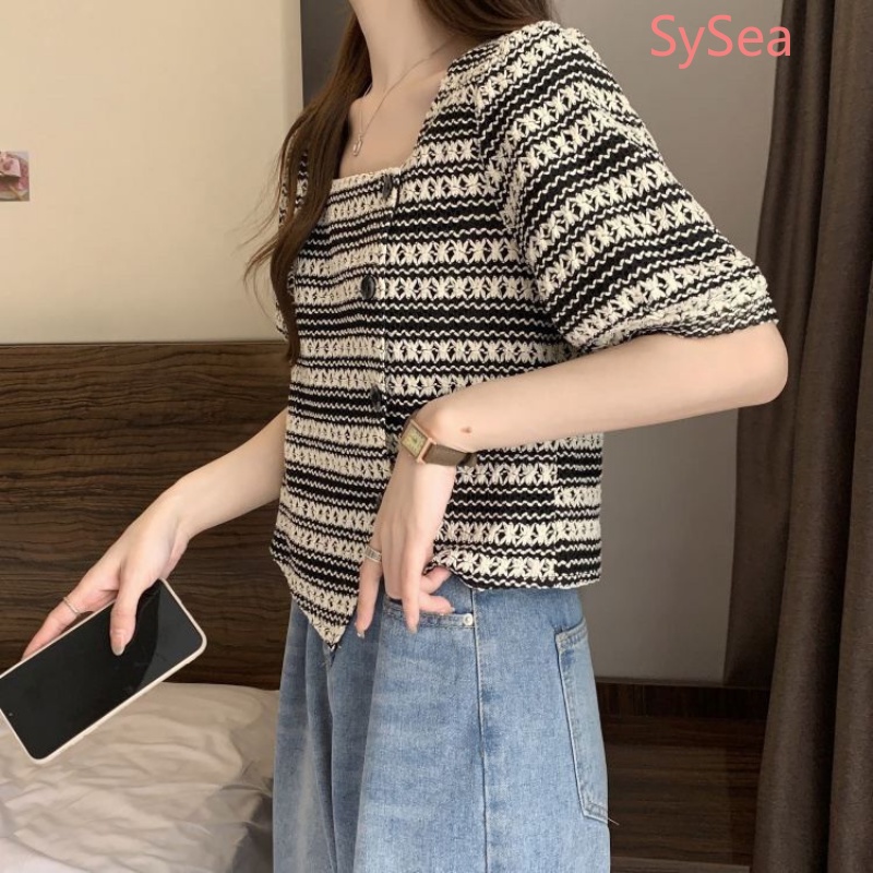 Áo Dệt Kim Tay Phồng Kẻ Sọc Thời Trang Mùa Hè Cho Nữ