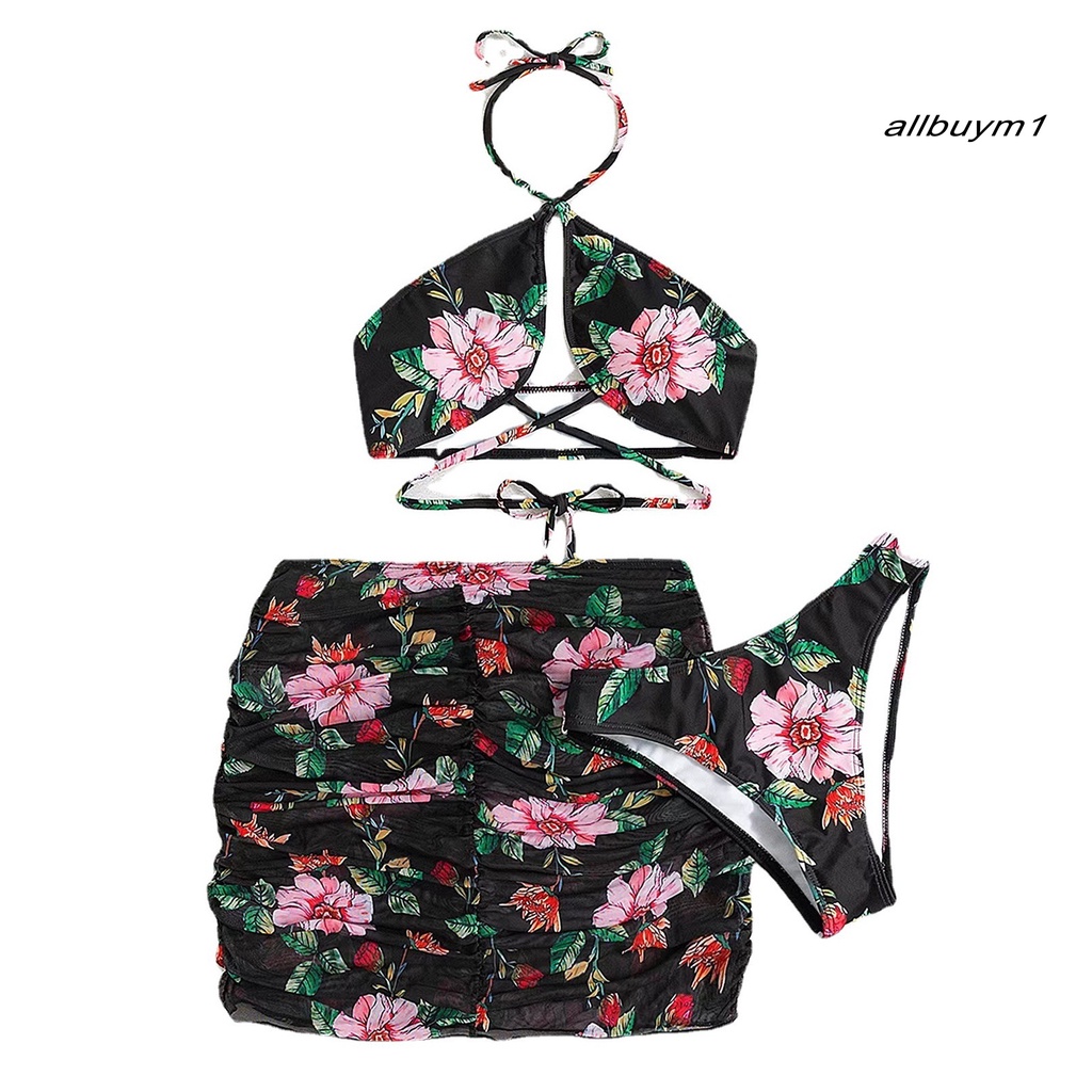 Bộ Đồ Bơi 3 Mảnh Gồm Áo Quấn Quanh Cổ Yếm Và Chân Váy In Họa Tiết Hoa Phong Cách Thể Thao Thời Trang Quyến Rũ Cho Nữ