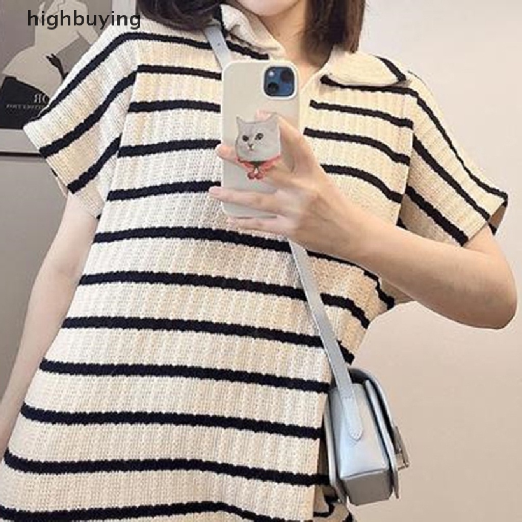 Đầm Thun Dài Cổ Chữ V Tay Ngắn Họa Tiết Kẻ Sọc Thời Trang Cho Nữ