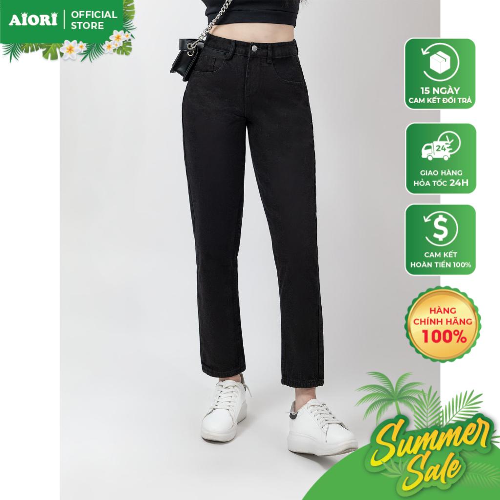 Quần Jean Nữ Aiori Baggy Lưng Cao Màu Đen Bò Trơn_Mã B020_D