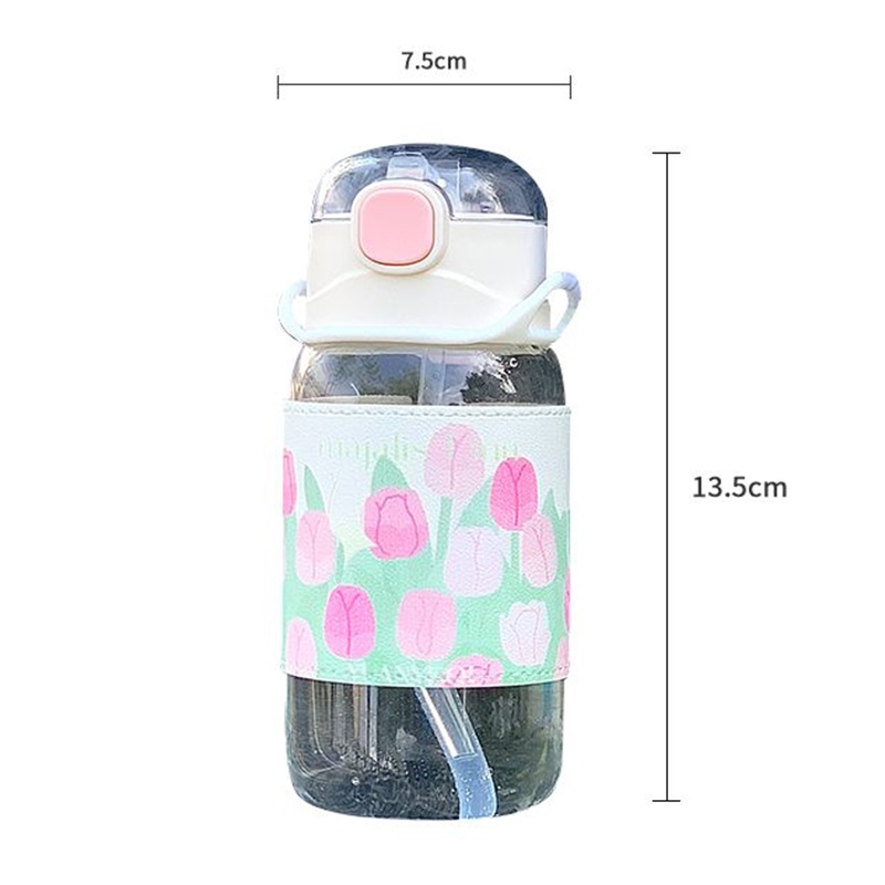Bình Nước 450ml Bằng Nhựa Trong Suốt In Hình Hoa Tulip Dễ Thương Kèm Ống Hút Tiện Dụng
