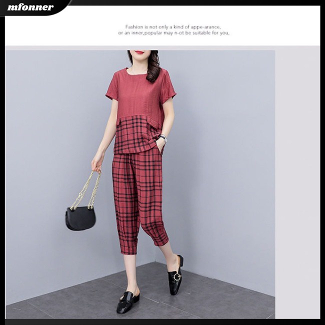 Bộ Trang Phục 2 Mảnh Chất Liệu Cotton Lanh Cổ Tròn Tay Ngắn Dáng Rộng Họa Tiết Sọc Caro Cho Nữ