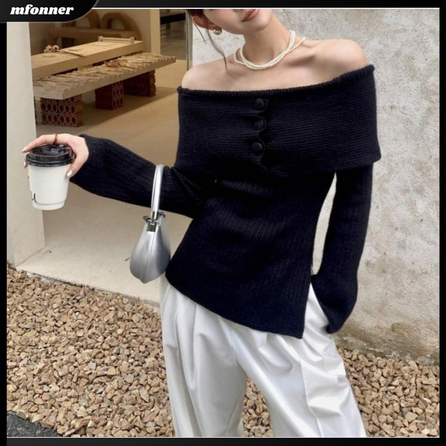 Áo Sweater Dệt Kim Trễ Vai Tay Dài Dáng Ôm Màu Trơn Thời Trang Quyến Rũ Cho Nữ