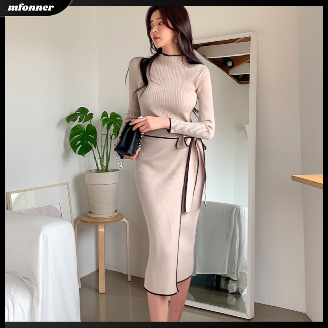 Đầm Dệt Kim Tay Dài Cổ Đứng Ôm Dáng Phối Dây Cột Thanh Lịch Cho Nữ