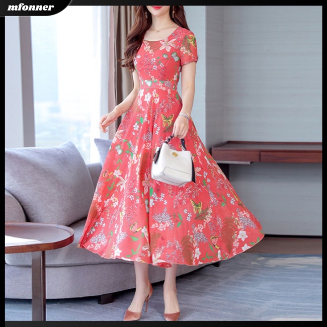 Đầm Dài Dáng Chữ A Tay Ngắn In Hoa Phong Cách Bohemian Thời Trang Quyến Rũ Cho Nữ