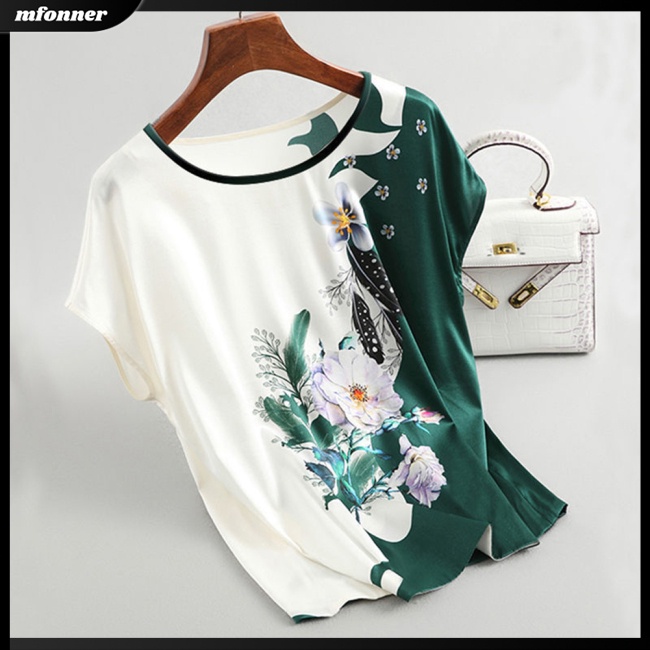 Áo Thun Tay Ngắn Cổ Tròn Vải Lụa Mát In Họa Tiết Thổ Cẩm Thời Trang Mùa Hè Cho Nữ