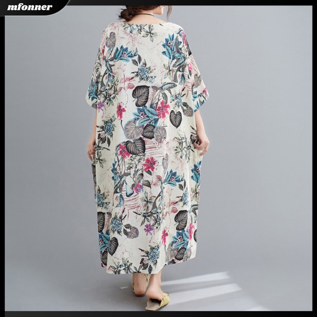 Đầm Dài Vải Lanh Cotton Tay Ngắn Cổ Tròn Plus Size Thời Trang Mùa Hè Cho Nữ