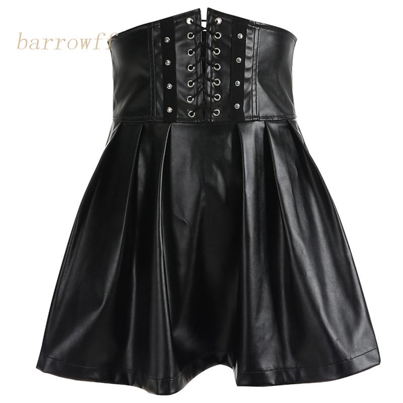 Brroa Chân Váy Xếp Ly Mini Lưng Cao Giả Da Phối Khóa Kéo Trước Sau Phong Cách Gothic Punk Harajuku Cho Nữ