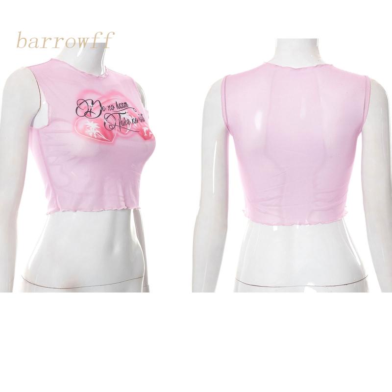 Brroa Áo Crop Top Sát Nách Mini Viền Bèo Nhún Họa Tiết Trái Tim In Chữ Phối Lưới Ngọt