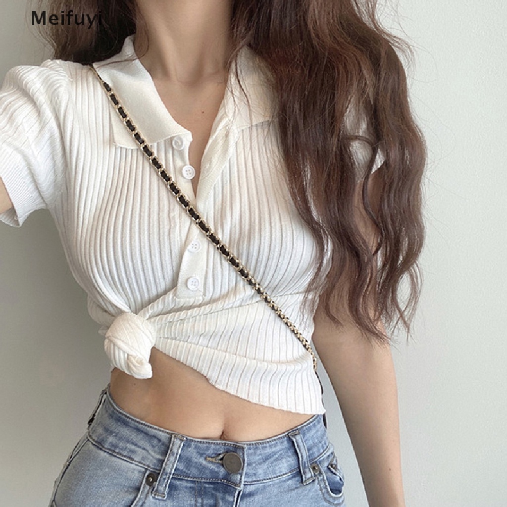 Áo Thun Crop Top Dệt Kim Mỏng Mùa Hè Tay Cộc Cài Nút Màu Trơn Cho Nữ