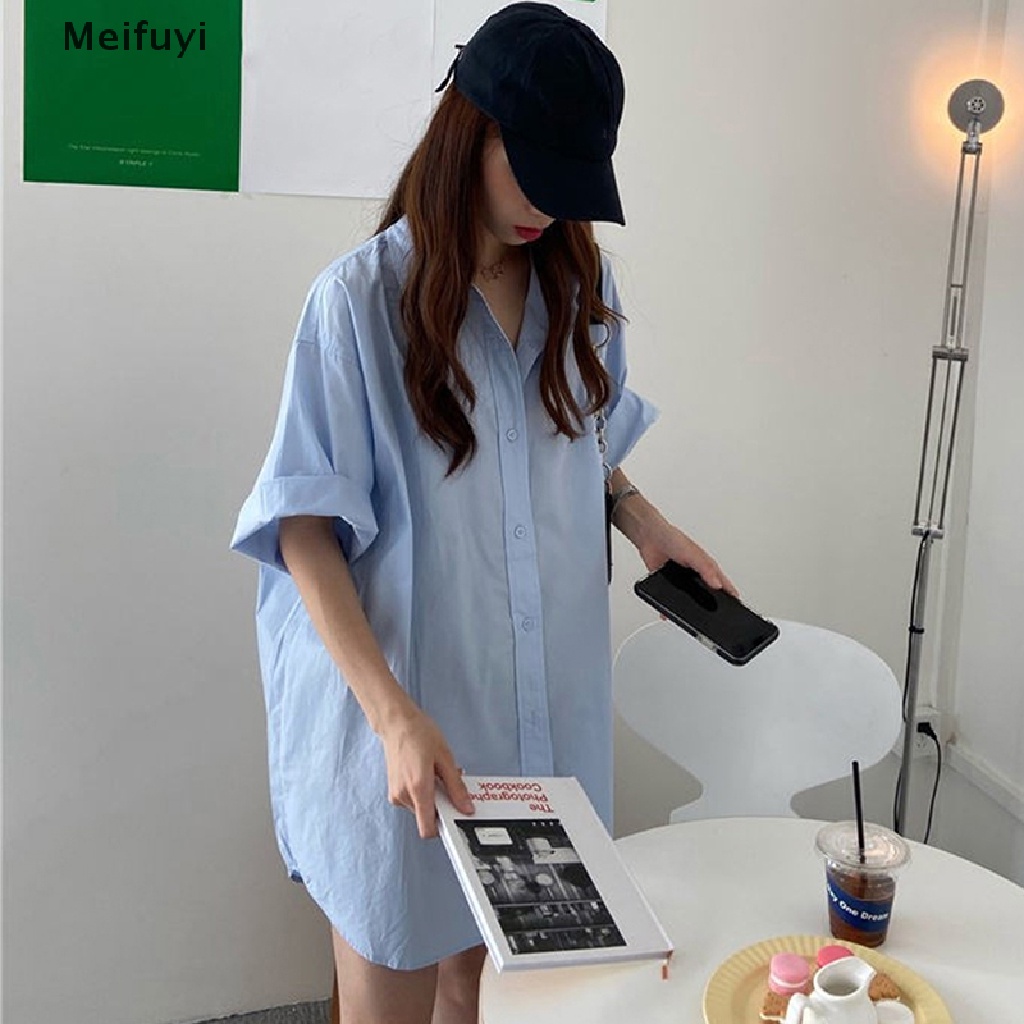 [Meifuyi] Đầm Sơ Mi Cài Nút Màu Trơn Đơn Giản Phong Cách Đường Phố Hàn Quốc BF Dễ Phối Đồ