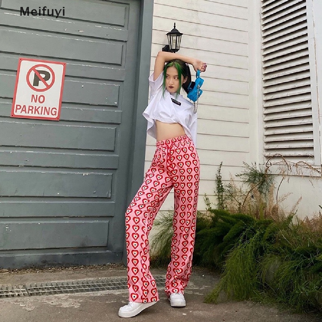 Quần Dài Dây Rút Eo Cao Co Giãn In Họa Tiết Trái Tim Màu Hồng Thời Trang