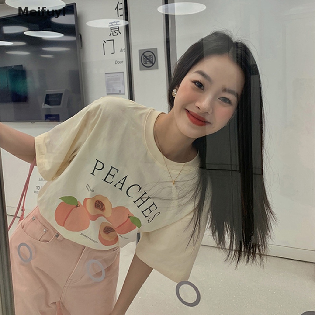 Áo Thun Tay Ngắn Cổ Tròn Dáng Rộng In Hình Quả Đào Thời Trang Mùa Hè Cho Nữ