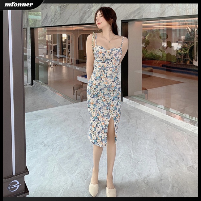 Đầm Hai Dây Dáng Ôm In Hoa Phong Cách Retro Gợi Cảm Cho Nữ