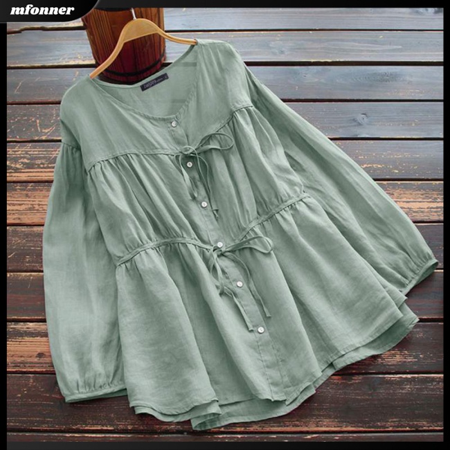 Áo Sơ Mi Tay Dài Cổ Tròn Dáng Rộng Xếp Ly Một Hàng Nút Vải Cotton Lanh Màu Trơn Thời Trang Cho Bạn Gái