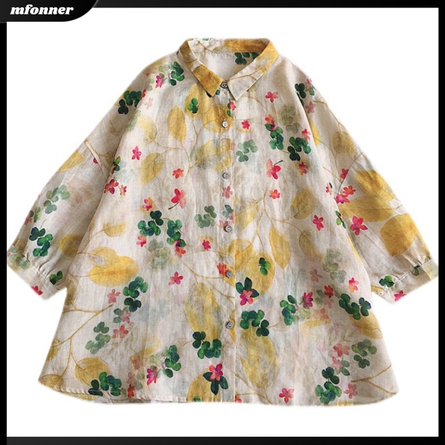 Áo Sơ Mi Tay Phồng 3 / 4 Bằng Cotton Thân Thiện Với Da Thoáng Khí In Họa Tiết Hoa Cho Nữ