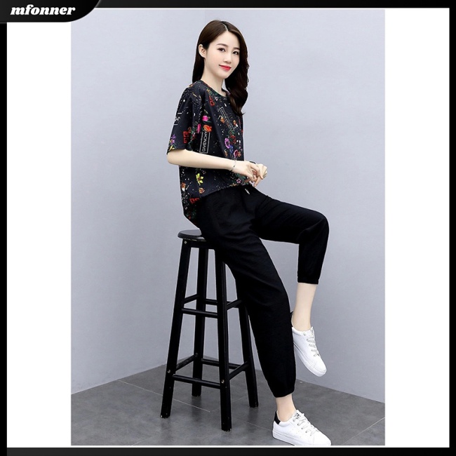 Set Đồ Thời Trang 2 Món Áo Thun Phối Quần Dài In Họa Tiết Thời Trang Xinh Xắn Cho Nữ