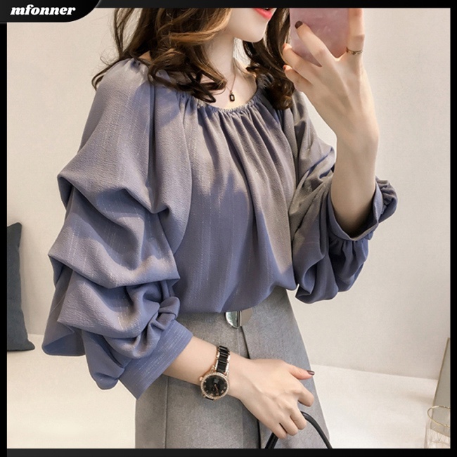Áo Kiểu Trễ Vai Tay Phồng Màu Sắc Trơn Thời Trang Mùa Hè Cho Nữ