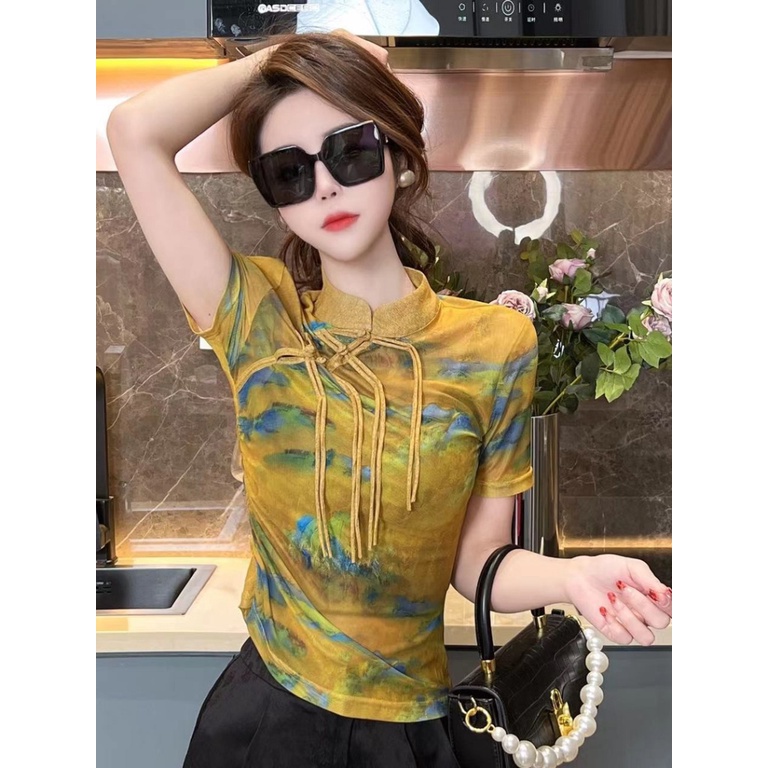 Áo Thun Ngắn Tay Dáng Ôm In Họa Tiết Núi Sông Phong Cách Dân Tộc Thời Trang Mù
