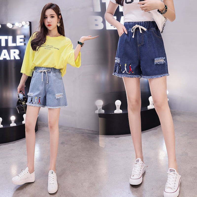 Quần Short Denim Lưng Cao Dáng Rộng Co Giãn Thời Trang Mùa Hè Cho Nữ Có Size Lớn