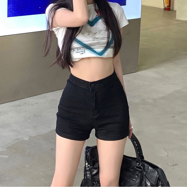 Quần Short Denim Màu Đen Lưng Cao Phong Cách Hàn Quốc Gợi Cảm Cho Nữ