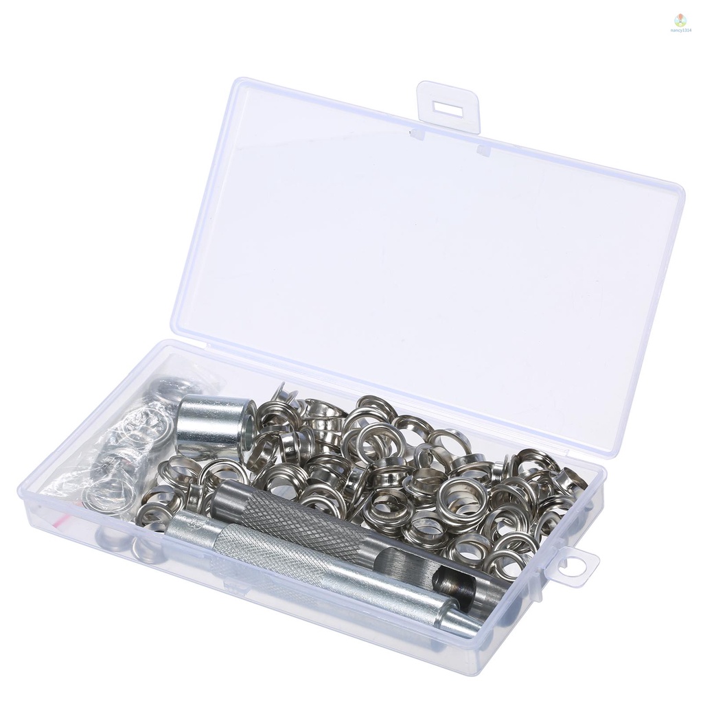Bộ 100 Vòng Bấm Lỗ 10mm 3 / 8-inch Bằng Bạc Kèm Hộp Đựng Cho Vải Da