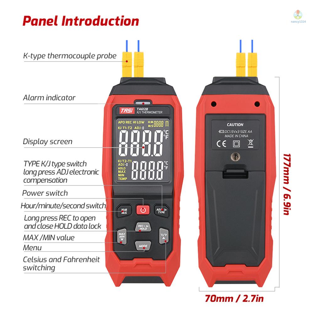 Nhiệt Kế TASI TA612B 2 Kênh K / J - 200~1372°C/ -328~2501°F Máy Đo Nhiệt Độ Kỹ Thuật Số LCD 9999 Nhóm Lưu Trữ Dữ Liệu Cầm Tay 9999