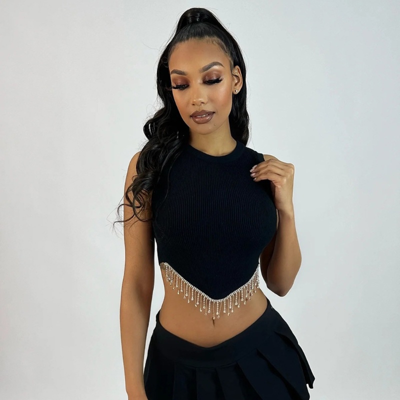 Áo Croptop Sát Nách Phối Tua Rua Đính Đá Phong Cách Đường Phố Cho Nữ Y2k