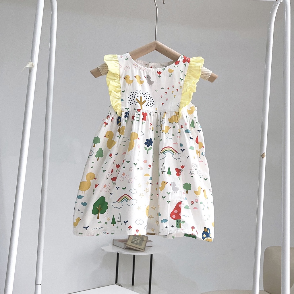 Váy bé gái sát nách phối bèo hoạ tiết dâu, kì lân, vịt vàng