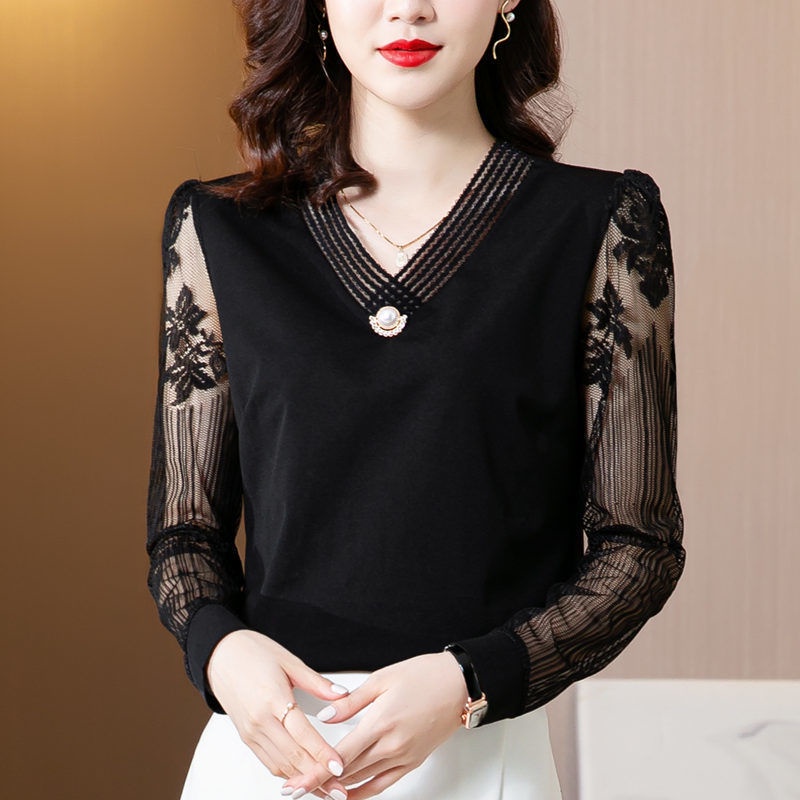 Áo Kiểu Tay Dài Cổ Chữ V Phối Ren Lưới Đính Hạt Thời Trang Công Sở Cho Nữ Cỡ Lớn 5XL