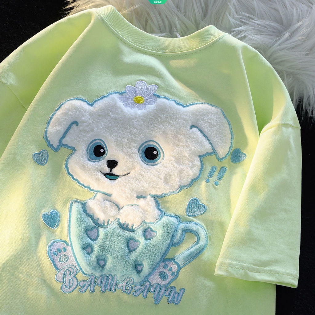 Áo Thun Tay Ngắn Dáng Rộng Thêu Hình Cún Bông Dễ Thương Thời Trang Mùa Hè 2023 Cho Nữ