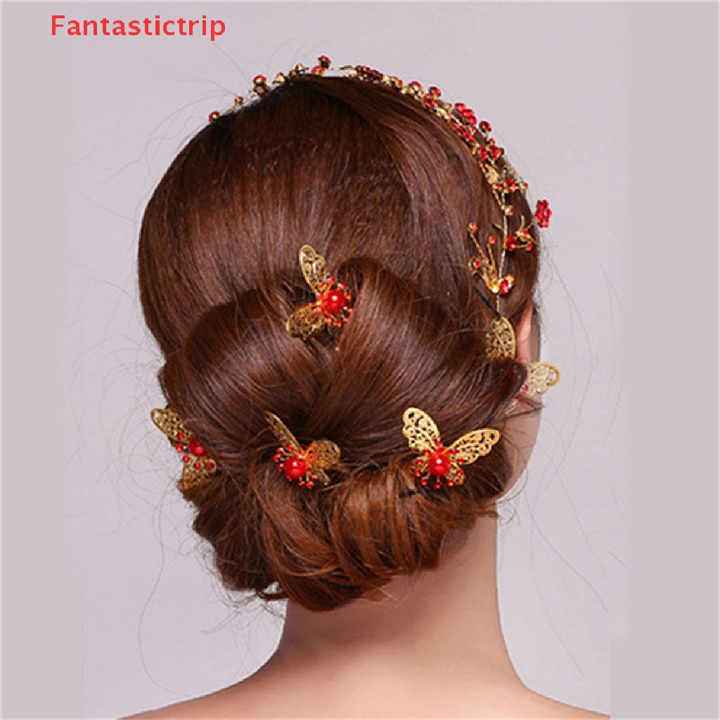 [Fantastictrip] Trâm Cài Tóc Chữ U Hình Bướm Màu Vàng / Bạc Dành Cho Cô Dâu Mới