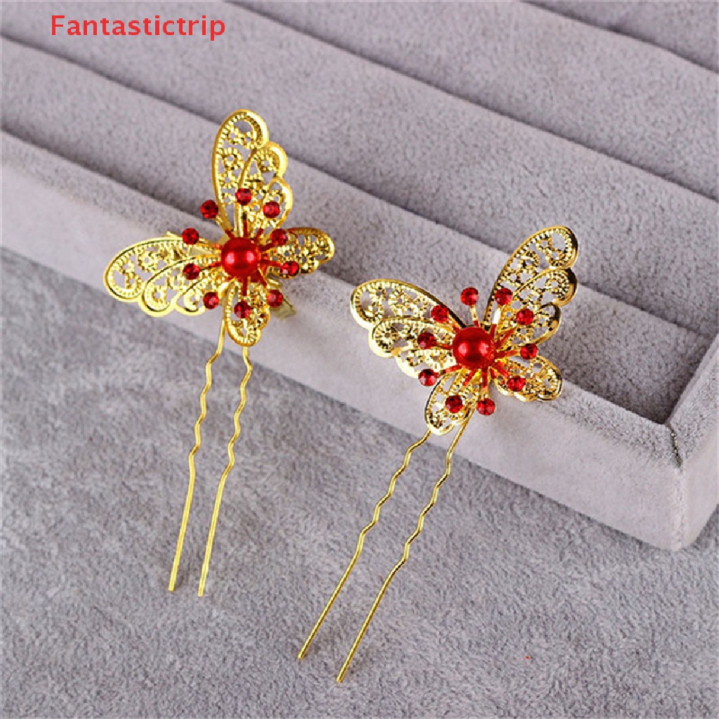 [Fantastictrip] Trâm Cài Tóc Chữ U Hình Bướm Màu Vàng / Bạc Dành Cho Cô Dâu Mới