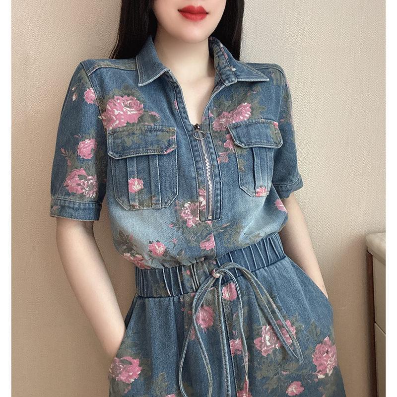Đầm Denim Dài Nhấn Eo In Họa Tiết Hoa Phong Cách Cổ Điển Thời Trang Cho Nữ