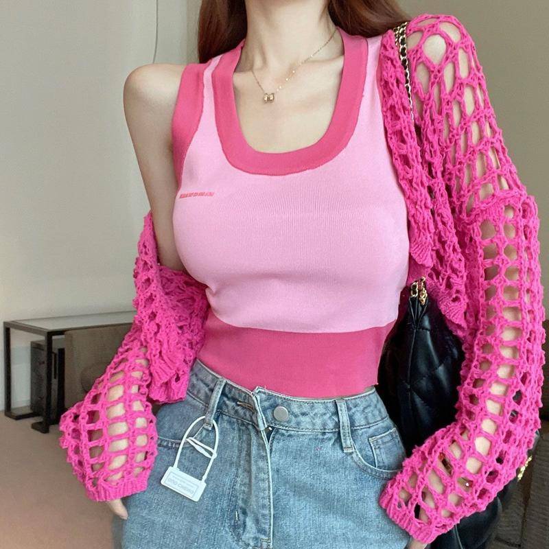 Set Áo Tank Top Hai Mảnh Màu Hồng Ngọt Ngào Phong Cách Dopamine Phổ Biến Cho Nữ