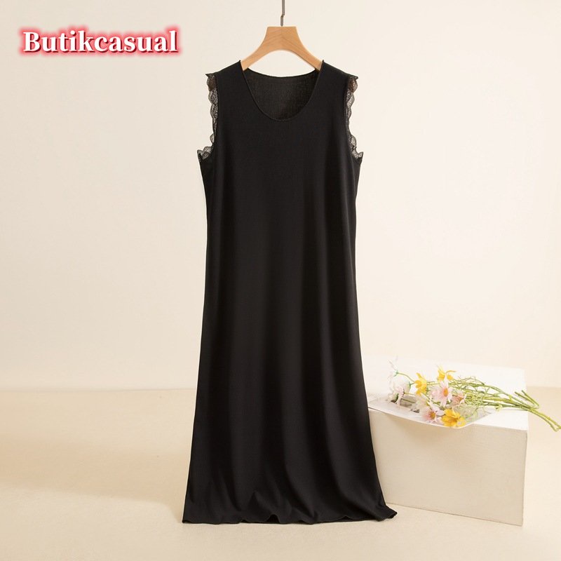 Đầm midi Cotton Cổ Tròn Dáng Rộng Phối Ren Thoải Mái Thời Trang Mùa Hè Cho Nữ
