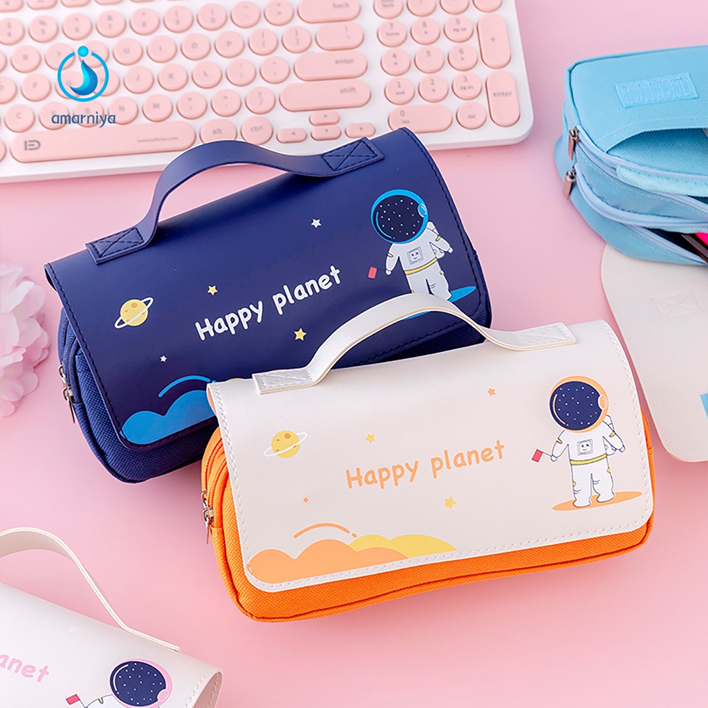 (Shop Amart) Túi Đựng Bút 2 Ngăn Đa Năng Bằng Vải Canvas In Hình Phi Hành Gia