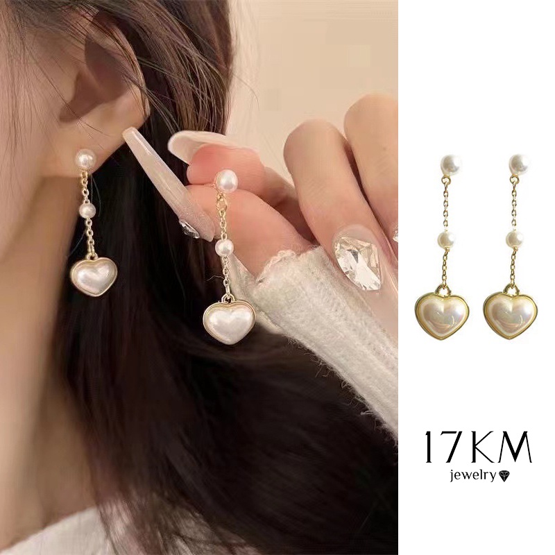 Khuyên tai 17KM mạ vàng hình trái tim đính ngọc trai thời trang cho nữ