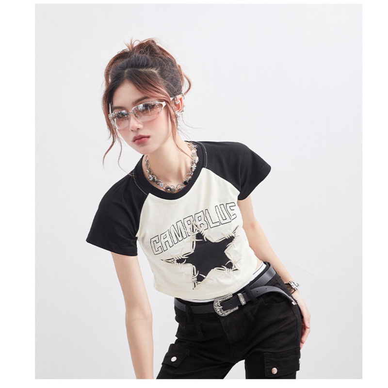 Áo Thun Tay Ngắn Thêu  RENJIANVSHENG Chữ Phong Cách Retro Mỹ