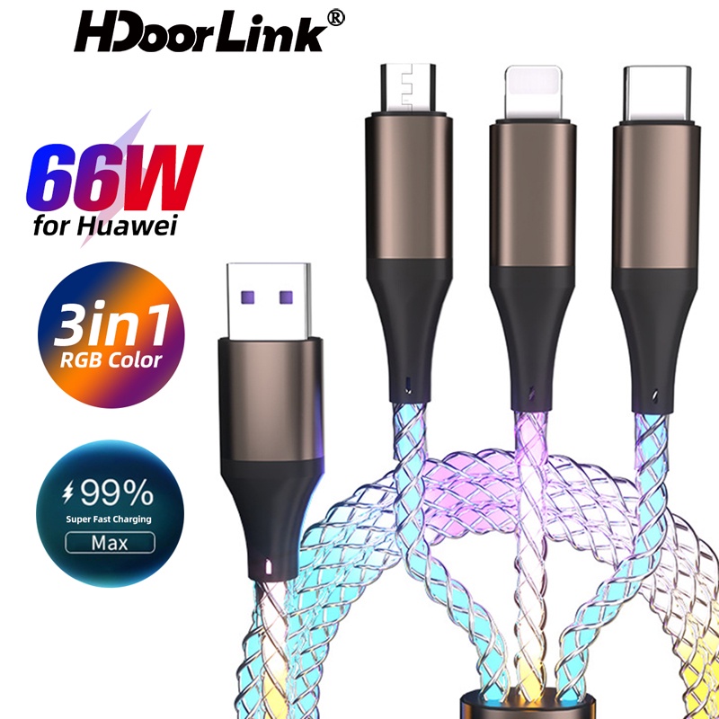 Dây Cáp Sạc Nhanh HdoorLink 3 Trong 1 6A 66W Có Đèn LED RGB Cổng Micro USB Type-C