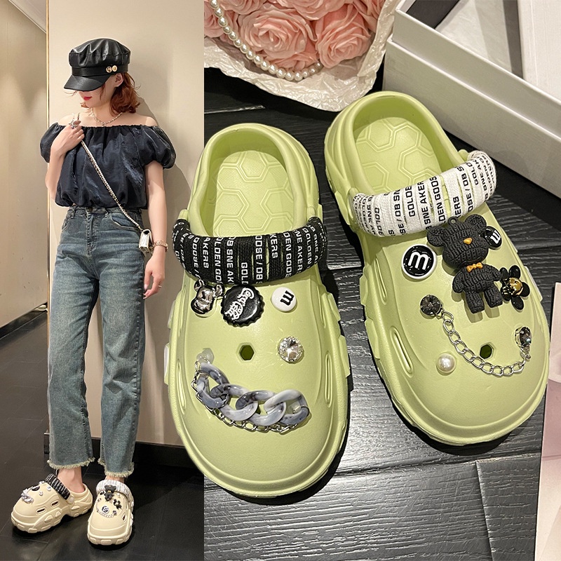 Giày Sandal Đế Dày Hở Ngón Cột Dây DIY Họa Tiết Gấu Hoạt Hình Dễ Thương Mùa Hè 2023 Cho Nữ