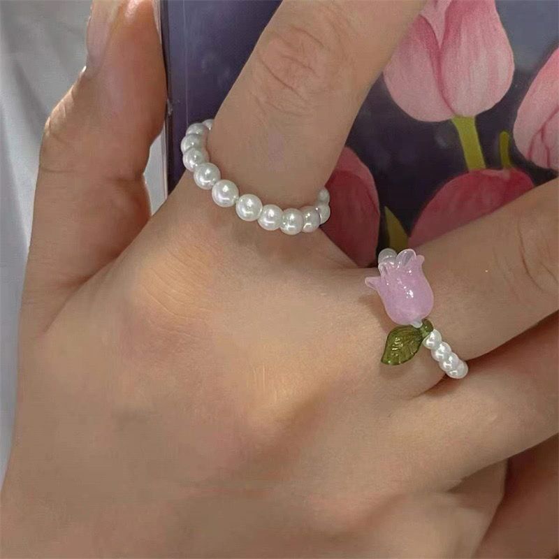 Bán Chạy✨Nhẫn Đeo Ngón Trỏ Hạt Thủy Tinh Hình Hoa Tulip Màu Hồng Kết Hợp Hạt Thủy Tinh Xếp