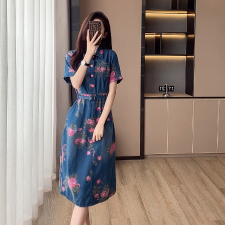 Mới Đầm Denim Dài Qua Gối Phong Cách Retro Thời Trang