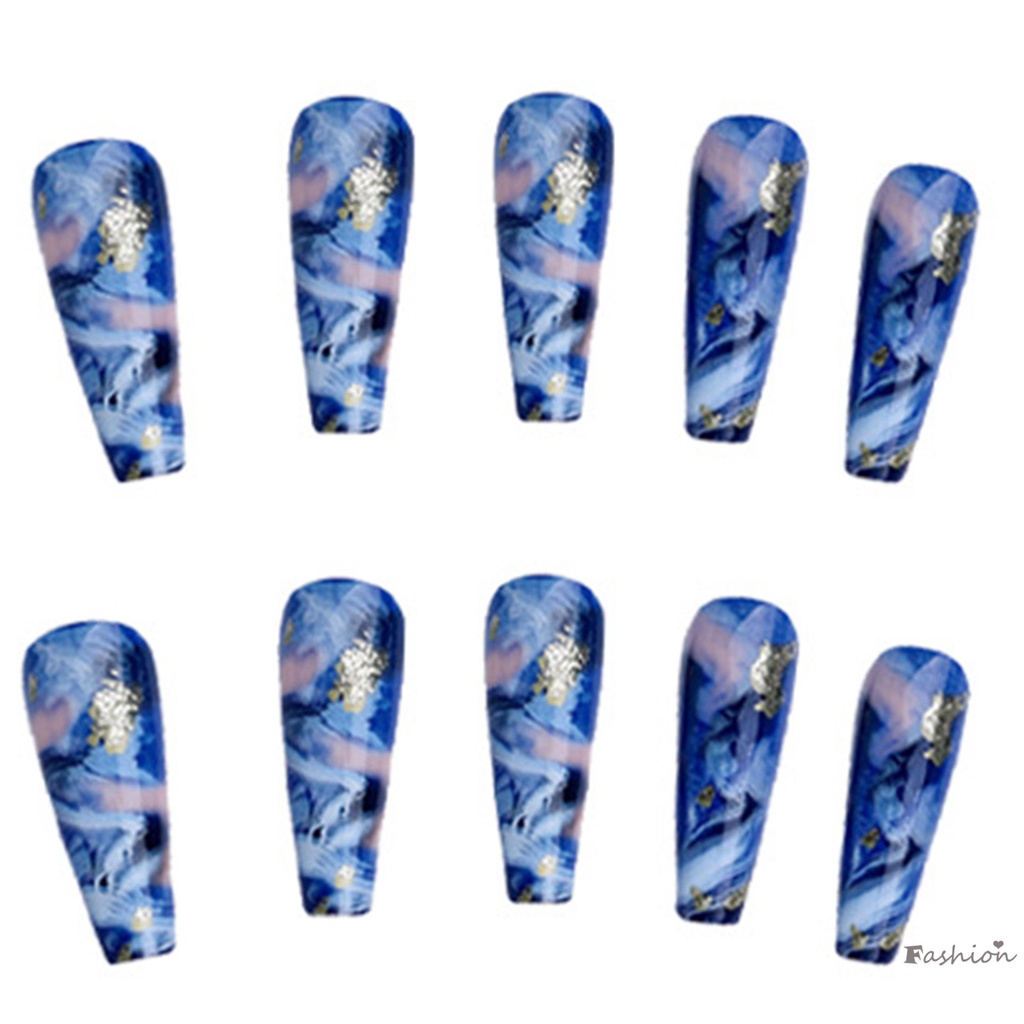 Bộ Móng Tay Giả Dài Màu Xanh Dương Che Phủ Toàn Diện Thoải Mái