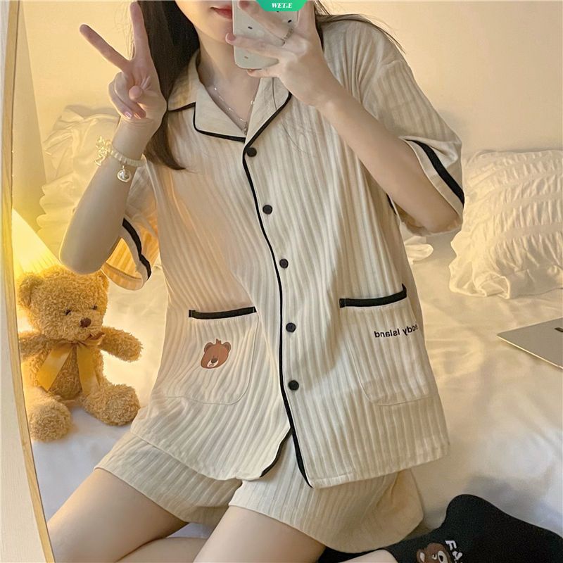 Bộ Đồ Ngủ Họa Tiết Gấu Hoạt Hình Dễ Thương Phong Cách Nhật Bản Thời Trang Xuân Hè Cho Nữ