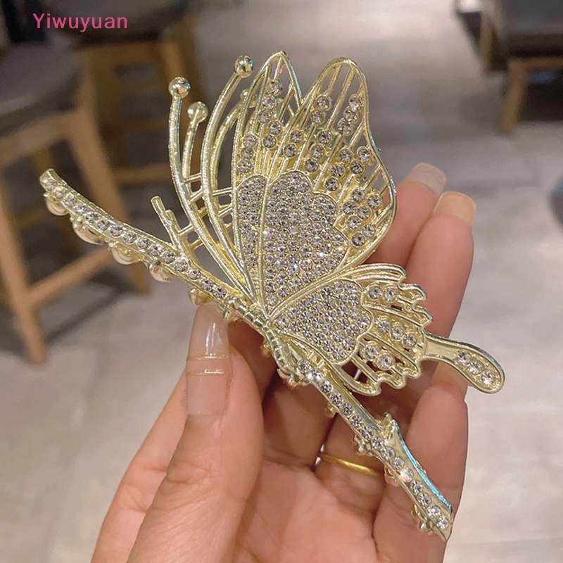 < Yiwuyuan > Kẹp Tóc Kim Loại Hình Bướm Rỗng Đính Đá Tua Rua Thời Trang Mới