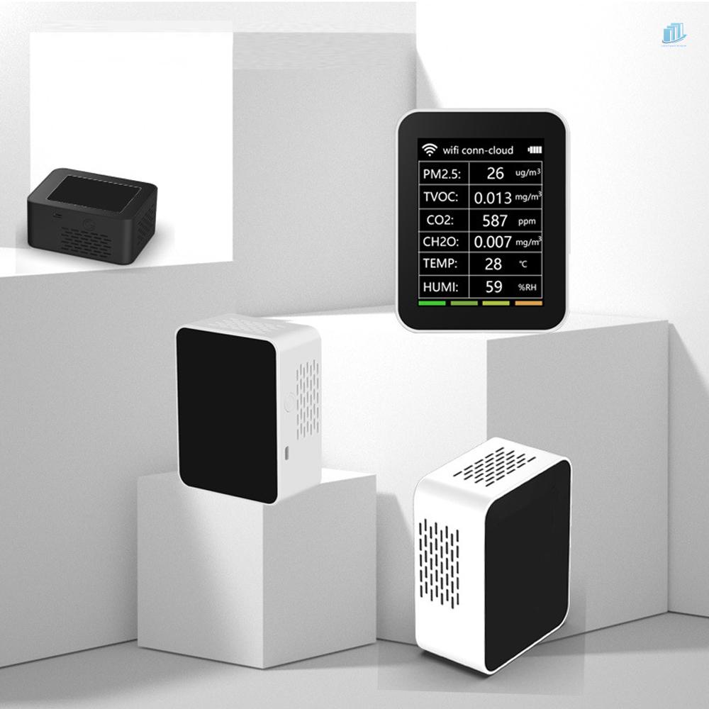 Máy Đo Độ Ẩm Không Khí Để Bàn 6 Trong 1 Đa Năng PM2.5 TVOC CO2 CH2O