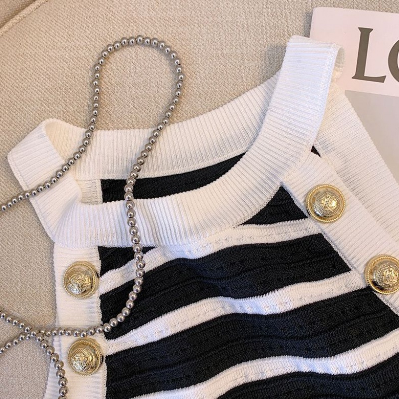 New French-style striped knitted shirt for girls sleeveless camisole slim-fit hot girl top