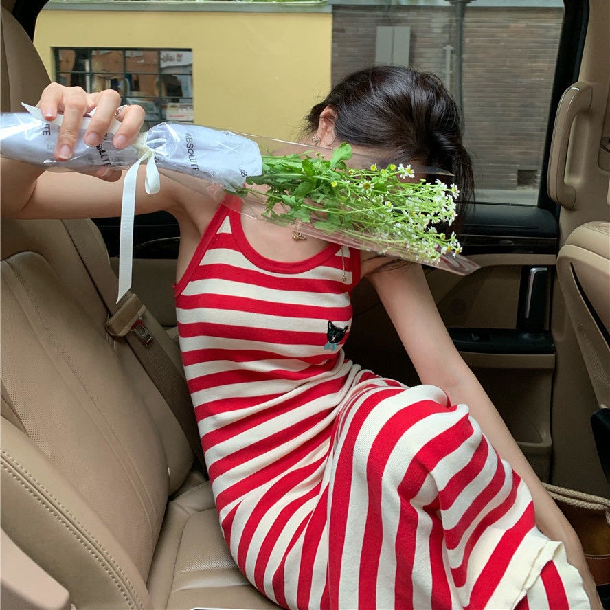 [F &amp; X] Đầm Dệt Kim Hai Dây Ôm Dáng Họa Tiết Kẻ Sọc Màu Đỏ Thời Trang Mùa Hè Dành Cho Nữ