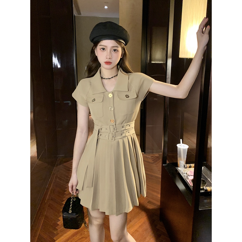 Đầm Ngắn Tay Xếp Ly Phối Thắt Lưng Thời Trang Dành Cho Nữ